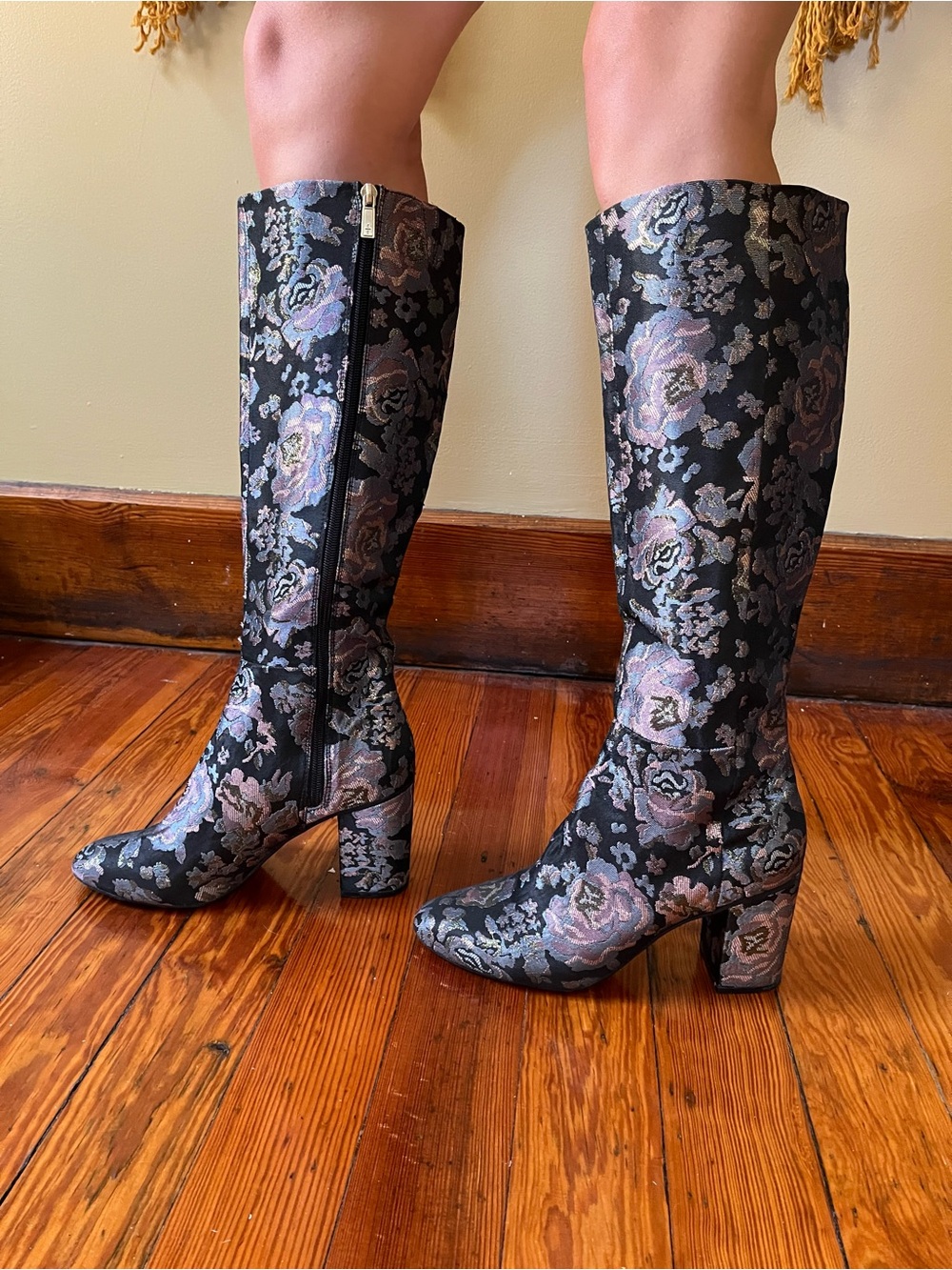 Kenneth Cole Reaction Black Floral Jacquard Knee-High Block Heel Boots
